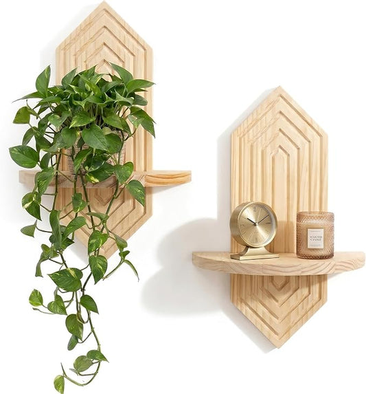 2 Pcs Floating Shelves for Wall, Pine Wood Boho Wall Decor, Mid Century Modern Decor Plant Wall Shelf, Vertical Wall Plant Holder,for Living Room,Bedroom，Nursey Room (Natural)