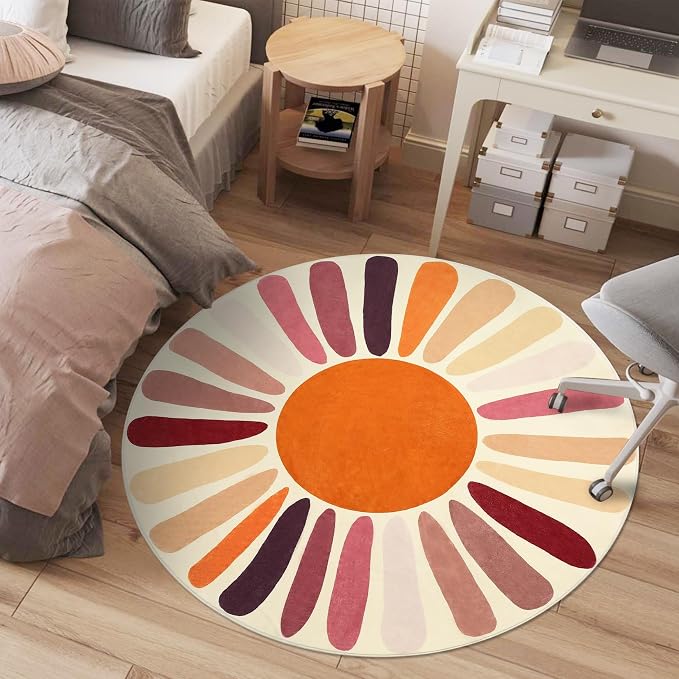Garvee Round Area Rugs 3Ft, Washable Cute Sun Print Nursery Rug, Low Pile Non Slip Circle Rug for Bedroom Kids Room, Accent Rainbow Print Round Carpet for Classroom Playroom, Colorful Brown