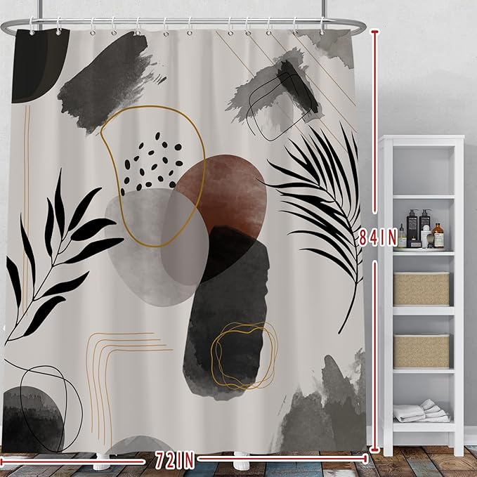Baocicco Boho Shower Curtain Black Grey Plants Leaves Mid Century Modern Abstract Shower Curtains Decorative for Bathroom Waterproof Fabric Shower Curtain with Hooks 72x84 Inches