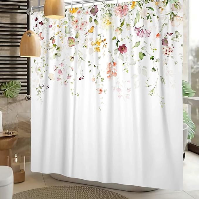 Floral Shower Curtain, Watercolor Flower Colorful Wildflower Machine Washable Waterproof Fabric for Bathroom Bathtub Decor with Hooks 72x72