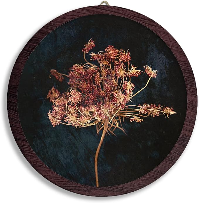 TFKFJLF Vintage Red Flowers Wall Hanging Prints Frame, Dark Rustic Round Wooden Prints, Cottagecore Botanical Flower Canvas Walls for Home Bedroom Living Room Decor, 10x10 Inch