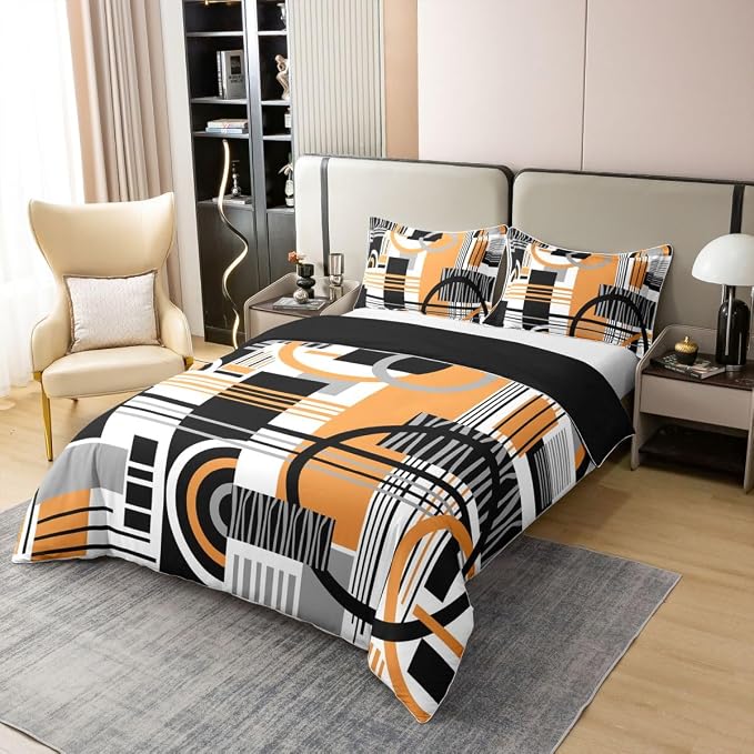 Erosebridal Art Deco Mid Century Duvet Cover Set Retro Modern Abstract Geometric 100% Cotton Comforter Cover Black and White Yellow Circles Stripes Queen Bedding Sets, Contemporary Bed Sets