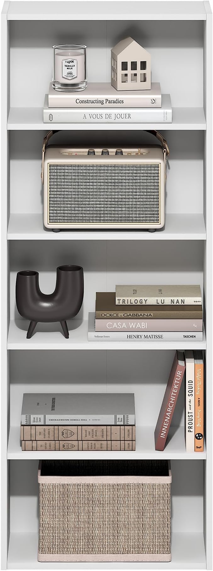 Furinno Basic Book Shelf, 5-Tier Bookshelf, Storage Organizer Bookcase with Open Shelf, 7 x 17 x 44, for Living Room, Bedroom, Home Office, White