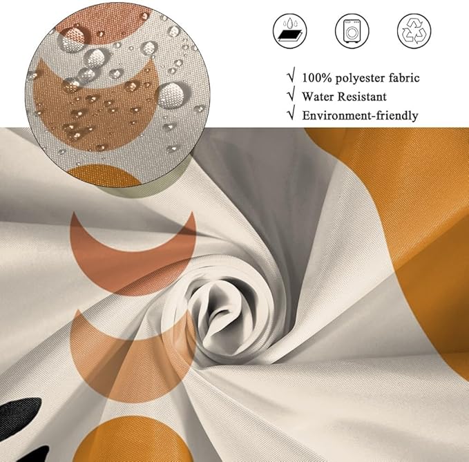 Mid Century Boho Shower Curtain for Bathroom Black Leaves Orange Sun Moons Bathtub Curtains Modern Bohemian Abstract Bathroom Decor Set Washable Waterproof Polyester Fabric with Hooks 72x72 Inch