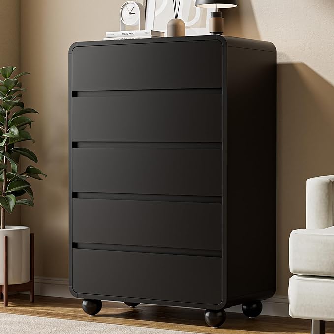 Lulive Wood Dresser for Bedroom, 41” Tall Chest of Drawers with 5 Drawers, Modern Closet Storage Drawer with Curved Profile Design for Living Room, Hallway, Entryway, Black