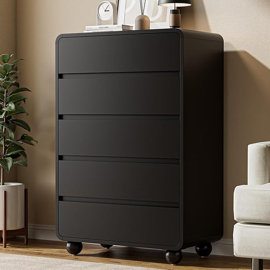 Lulive Wood Dresser for Bedroom, 41” Tall Chest of Drawers with 5 Drawers, Modern Closet Storage Drawer with Curved Profile Design for Living Room, Hallway, Entryway, Black