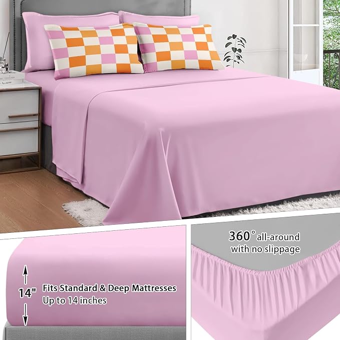 7Pcs Comforter Set Full Size, Pink Orange Plaid Buffalo Checkered, Bed Decor Hippie Retro 70s Geometric Checkerboard Grid Bedroom Bedding Flat Sheet Fitted Sheet Pillowcases Kids and Adults