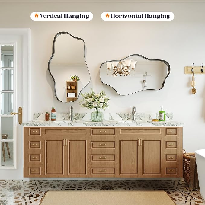 Black Irregular Wall Mirror, 24” x 40” Asymmetrical Wall Mirror with Metal Frame, Black Large Wavy Decorative Mirrors for Bathroom, Entryways, Living Room, Vanity