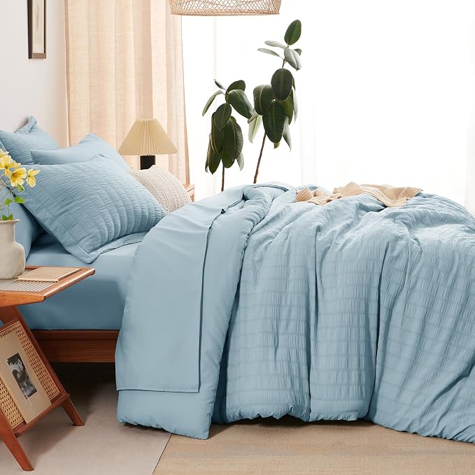 CozyLux King Size Comforter Set Light Blue, 7 Pieces Seersucker Textured Luxury Bed in a Bag, All Seasons Soft Bedding Sets with Down Alternative Comforter, Sheets, Pillowcases & Shams, Home Gift