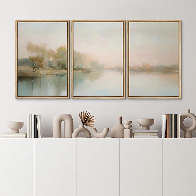 MUDECOR Framed Wall Art Print Set Soft Pastel Landscape Serene Waters and Reflections Illustrations Modern Art Boho Decorative Colorful Chic for Living Room, Bedroom, Office - 24"x36"x3 Natural