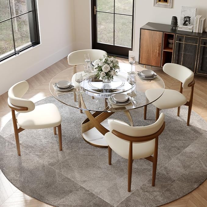 POVISON 51" Modern Round Dining Table with Lazy Susan, Glass Round Kitchen Table for 4, Tempered Glass Dining Room Table top with Bronze X Carbon Steel Base (Dining Table Only)