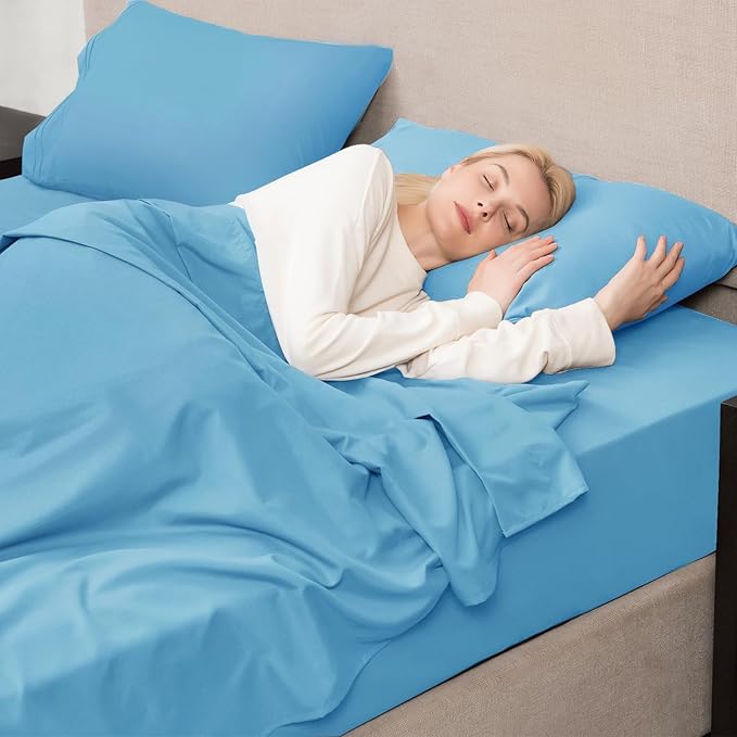 Mejoroom Queen Size Sheet Set - Hotel Luxury 1800 Bedding Sheets & Pillowcases - Deep Pocket Fitted Sheet, Soft, Breathable, Wrinkle & Fade Resistant - 4 Piece (Queen, Denim Blue)