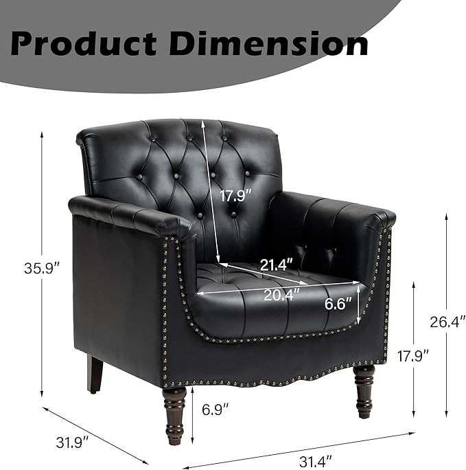 Lumibee Faux Leather Accent Chairs Set of 4, Upholstered Armchairs with Nailhead Trims & Wood Legs for Living Room, Bedroom, Contemporary Comfy Club Chairs for Office-Black