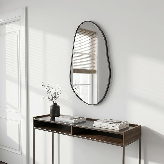 32 x 16.5 Inch Irregular Wall Mirror, Asymmetrical Black Decorative Mirror with Matte Aluminum Frame, Tempered Glass Organic Shape Mirror for Entryway, Bathroom, Bedroom, Vanity & Hallway
