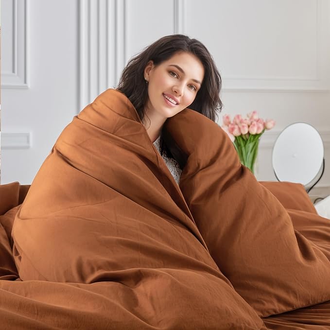 NEXHOME PRO Duvet Cover Set 100% Washed Cotton Super King 108"x98", Organic Natural Linen Look Textured 3 Pieces Bedding Set Terracotta Burnt Orange with Zipper Closure, Soft (No Comforter)