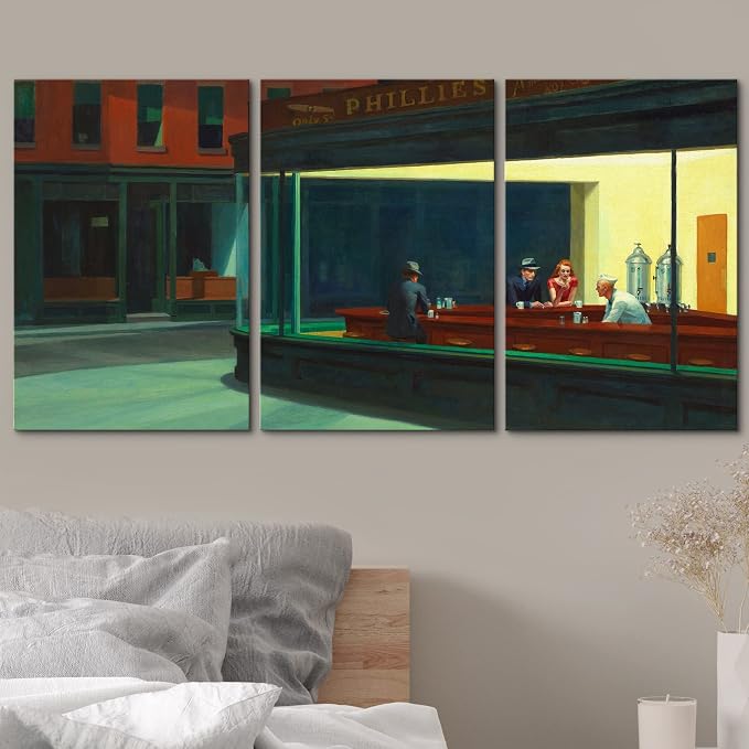 wall26 Canvas Print Wall Art Set Nighthawks by Edward Hopper Cultural Historic Oil Painting Fine Art Reproduction Scenic for Living Room, Bedroom, Office - 16"x24" x 3 Panels