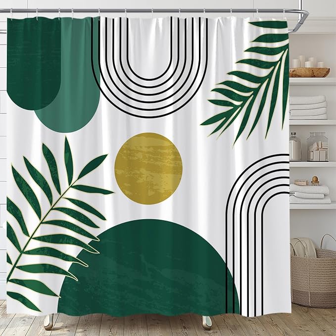 Mid Century Modern Shower Curtain Boho Green Abstract Retro Aesthetic Fabric for Bathroom Decor Bathtub with Hooks (70" WX74.8 H)