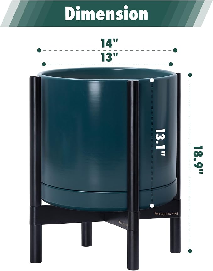 D'vine Dev Ceramic Planter with Ebony Stand - 14 Inch Modern Round Flower Pot with Wood Planter Holder, Teal, 55-B-S-4