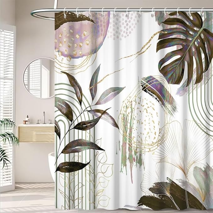 Mid Century Boho Shower Curtain Dark Brown and Purple Palm Leaf Abstract Minimalist Aesthetic Bathroom Decor Watercolor Plant Bathtub Curtain Washable Waterproof Polyester Fabric with Hooks 54x72 Inch