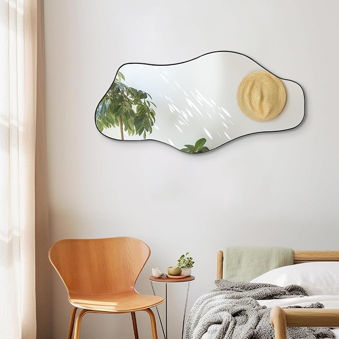 Irregular Frameless Mirror, 35.8"x17.7" Asymmetrical Wall Mirrors Decorative, Modern Abstract Tempered Glass Mirrors for Living Room Bathroom Bedroom Hallway Entryway Fireplace
