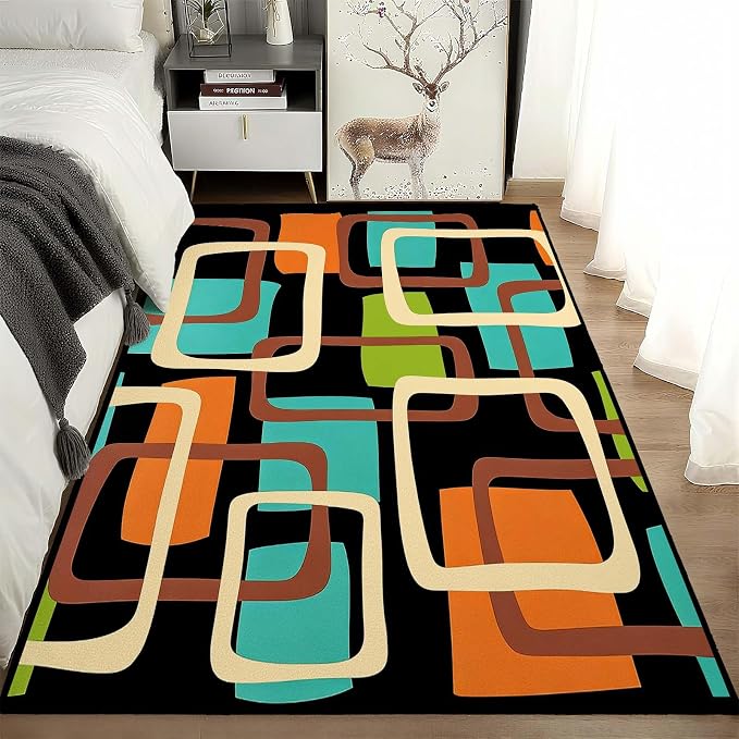 Mid Century Modern Rug, Colorful Abstract Geometric Area Rug, Retro Atomic Starburst Rugs, Washable Non-Slip Soft Low Pile 1950s Carpet for Living Room, Bedroom (8' x 13'(Rectangular))