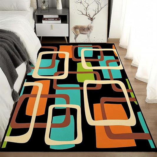 Mid Century Modern Rug, Colorful Abstract Geometric Area Rug, Retro Atomic Starburst Rugs, Washable Non-Slip Soft Low Pile 1950s Carpet for Living Room, Bedroom (6' x 10'(Rectangular))