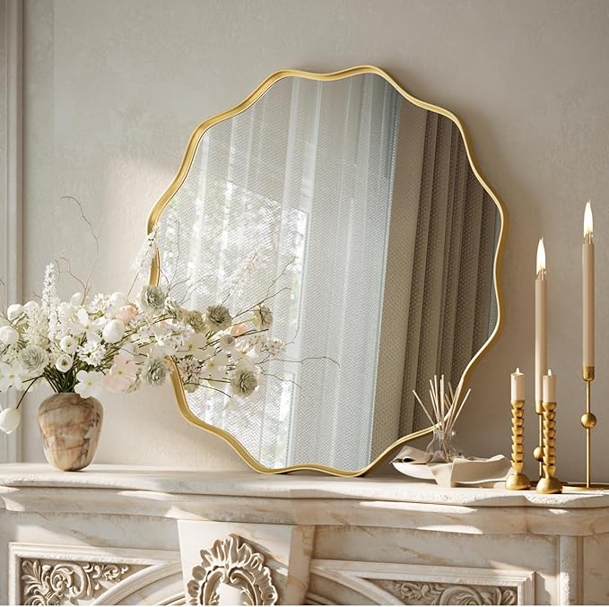 VooBang Gold Scalloped Circle Mirror, 20" Wavy Edge Round Wall Mirror with Tempered Glass Textured Circular Metal Deep Frame, Hanging Leaning for Bathroom, Hallway, Entryway, Livng Room