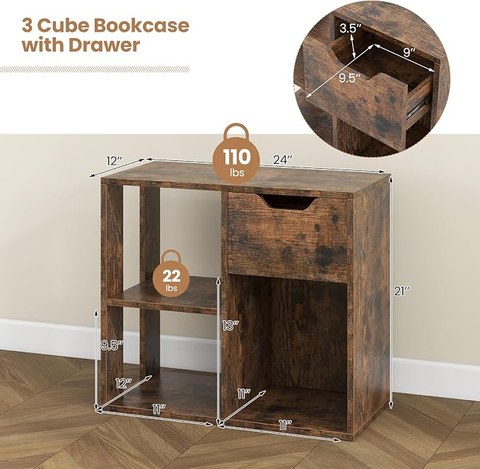 LOKO 3-Cube Bookshelf with Drawer Set of 2, 2-Tier Open Shelf Bookcase, Freestanding Display Shelf, Modern Home Storage Organizer, Shelving Unit for Living Room, Study, Office (2, Rustic Brown)