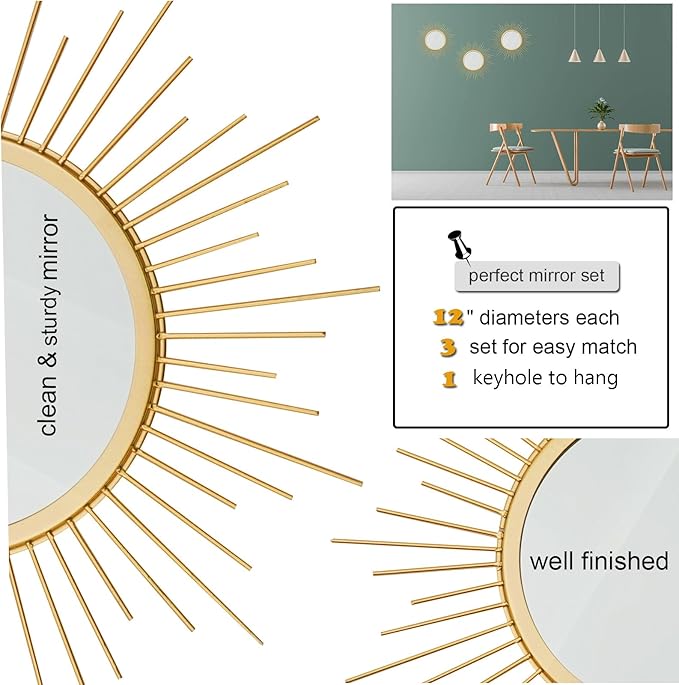 Cityelf 3 Set Gold Sunburst Mirrors for Wall Decorative Metal Mirrors Small Mirror Sets Decor Hanging Mirror Wall Sculpture for Bedroom Living Room Entryway