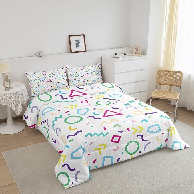 Manfei Memphis Comforter Set Twin Size, Colorful Geometric Vintage Bedding Set 2pcs for Kids Boy Girls, Retro 80s or 90s Fashion Style Quilt Set Soft Polyester Duvet Set with 1 Pillowcase