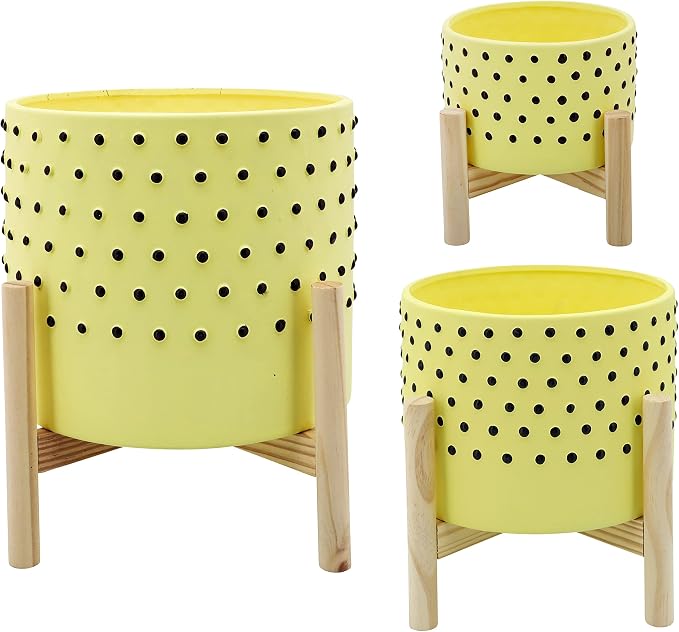 Ceramic Planter Pot with Wooden Stand – Indoor Outdoor Plant Holder with Black Polka-Dot Pattern, Decorative Pot Stand for Living Room, Entryway, Bedroom, Patio or Garden Décor – 6", Yellow