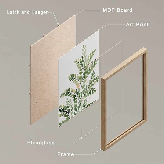 SIGNWIN Framed Green Pastel Forest Fern Leaf Wall Art, Set of 4 Collage Nature Garden Wall Decor Prints, Nature Wilderness Wall Décor for Living Room, Bedroom - 8"x10" Natural