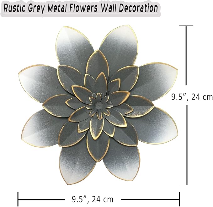 Grey Metal Flower Wall Art Decor, 9.5“ Rustic Modern Floral Sculpture, Distressed Iron Wall Hanging Home Decoration Accent Artworks for Indoor Kitchen Bedroom Living Room Office Outdoor Garden Patio