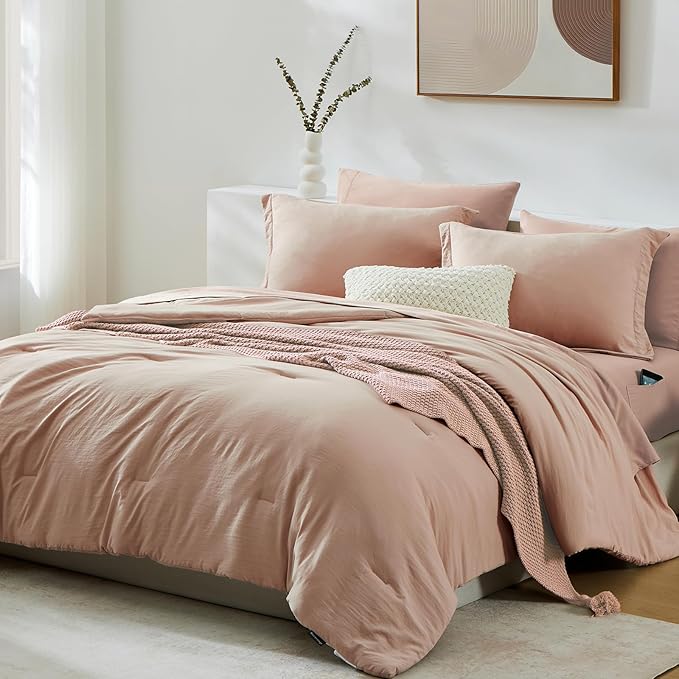 WRENSONGE King Comforter Set, 7 Pieces Clay Pink Soft Bed in a Bag King with Fitted Sheet, Flat Sheet, 2 Pillow Shams, and 2 Pillowcases- Warm Bedding Set for All Season