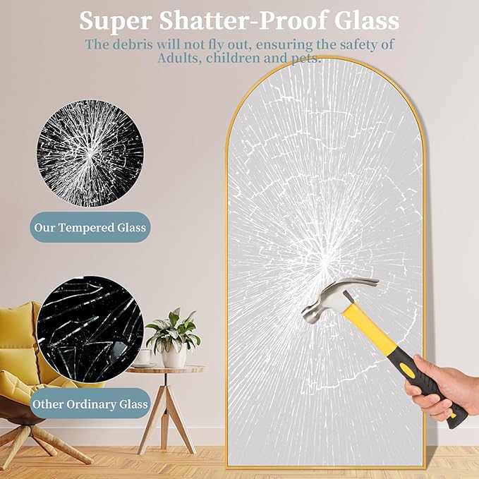 Full Length Mirror with Stand, 72"x44" Arched Full Body Mirror, Large Stand Up Aluminum Frame Floor Freestanding Hanging Leaning Mounted for Bedroom Living Room Entryway Gold