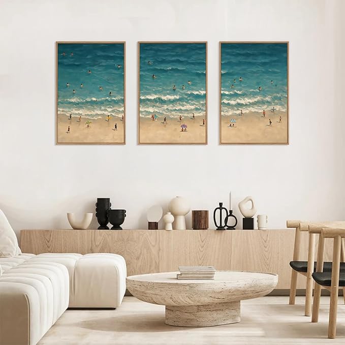 HLNIUC Summer Beach Canvas Wall Art,Modern Minimalist Coastal Landscape Wall Decor Set of 3(16”x24”) Blue Abstract Ocean Painting, Summer Swimming in the Sea Art Print for Living Room,Bathroom