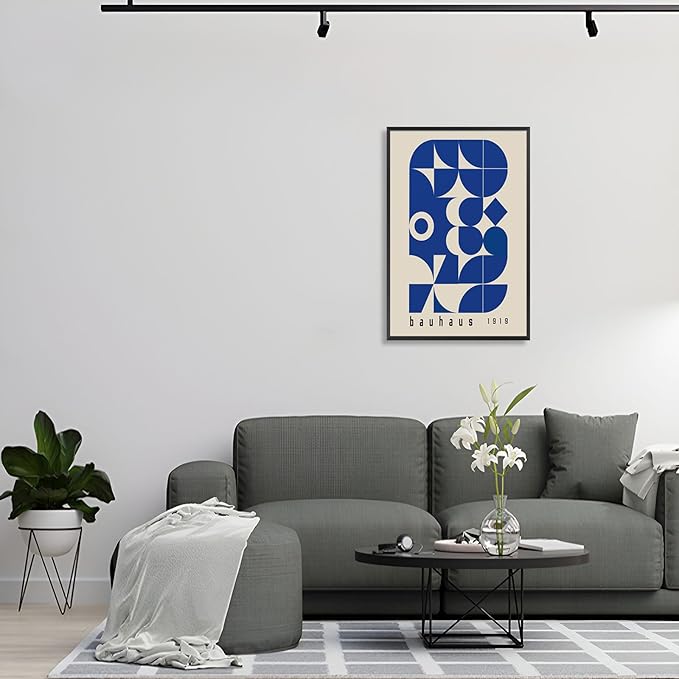 Vintage Bauhaus 1919 Geometric Framed Poster Blue And White Geometric Composition Canvas Wall Art Minimalist Abstract Prints Painting For Home Bedroom Dorm Wall Decor 24x36in Framed