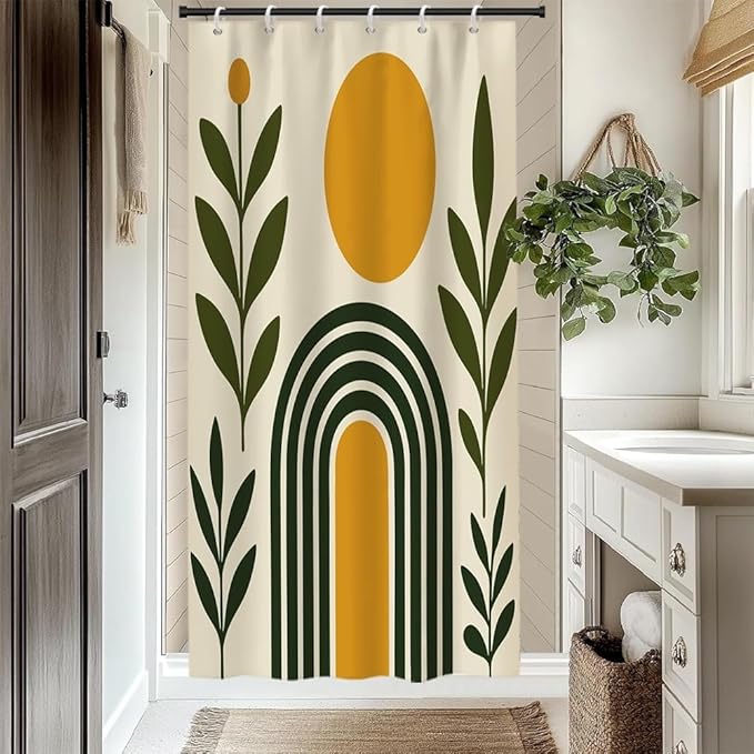 Modern Boho Shower Curtain for Bathroom Abstract Minimalist Bathroom Decor Set Green Leaves Arch Sun Bathtub Curtains Machine Washable Waterproof Polyester Fabric with Hooks 36x72 Inch