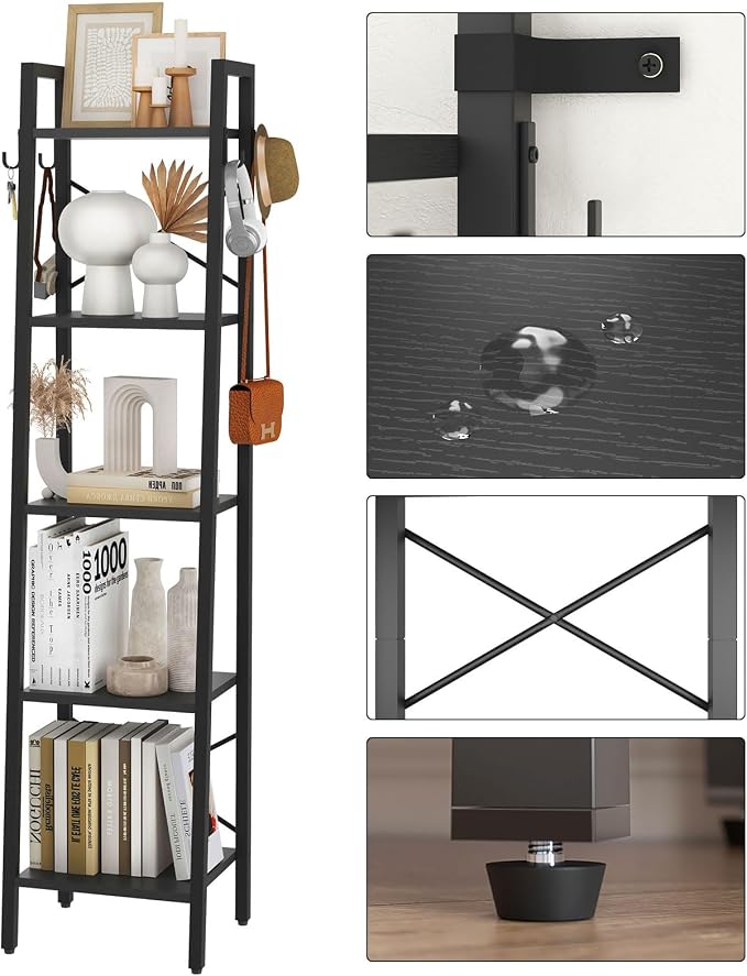 YMYNY 5 Tiers Ladder Bookcase, Industrial Narrow Bookshelf, Open Display Rack with 4 S Hooks, Metal Storage Shelves for Bedroom, Home Office, Living Room, Black, 63H*13.4L*11.8W, UHBC025B