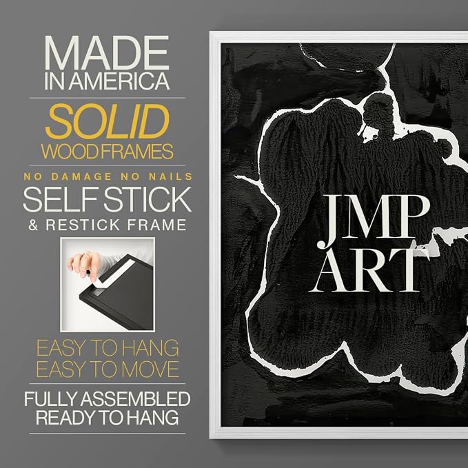 Renditions Gallery Set of 2 Peel & Stick Framed Prints, Fluid Abstract Wall Art, Black and White Inkblot Wall Decor, Re-Stickable - Ready to Hang - 22"x28" - White Frame LT588