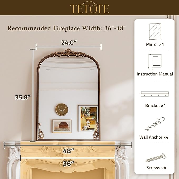 TETOTE Silver Arched Mirror for Mantle Fireplace 24 x 36 Baroque Antique Silver Vintage Arch Ornate Mirror for Traditional Victorian French Decor, French Cleat Mount
