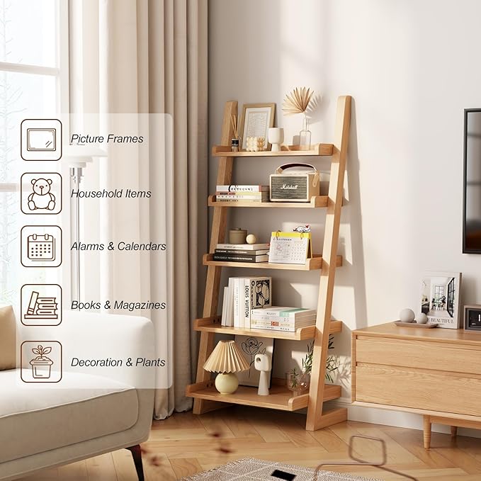 AQIMUELE Wooden Ladder Shelf with Edges, 5-Tier Modern Leaning Bookshelf Ladder – Stylish Space-Saving Bookcase for Living Room, Bedroom & Home Office