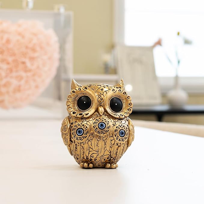 Owl Statue Home Decor Accents with Evil Eye.Gold Decor for Bookshelf, Bedroom, Living Room, Office, Table and Shelf.Vintage Owl Figurines Gifts for Birds Lover.Cute Small Animal Sculptures.