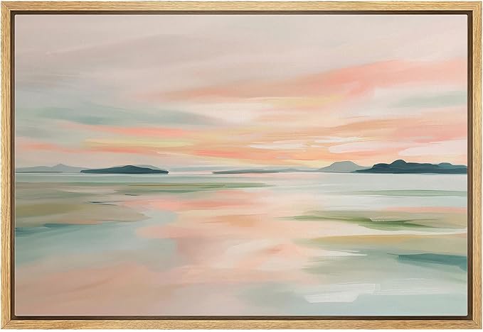 MUDECOR Framed Canvas Print Wall Art Pastel Coastal Landscape with Distant Islands Illustrations Minimalism Decorative Bohemian Zen for Living Room, Bedroom, Office - 24"x36" NATURAL
