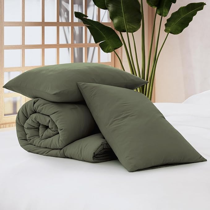 WRENSONGE Full Size Comforter Sets - 3 Pieces Olive Green Comforter Prewashed Soft Lightweight for All Seasons, Fluffy Down Alternative Comforter Full Size with 2 Pillow Shams