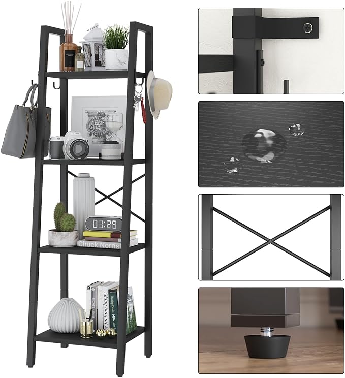 YMYNY 4 Tiers Ladder Bookcase, Industrial Narrow Bookshelf, Open Display Rack with 4 S Hooks, Metal Storage Shelves for Bedroom, Home Office, Living Room, Black, 49.2H*13.4L*11.8W, UHBC024B