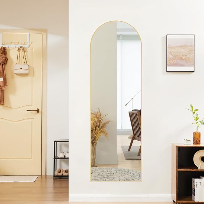 OLIXIS Gold Arched Full Length Mirror 60"x16" for Bedroom, Full Body Mirror with Stand, Hanging or Leaning for Wall, Aluminum Alloy Thin Frame Floor Standing for Living Room