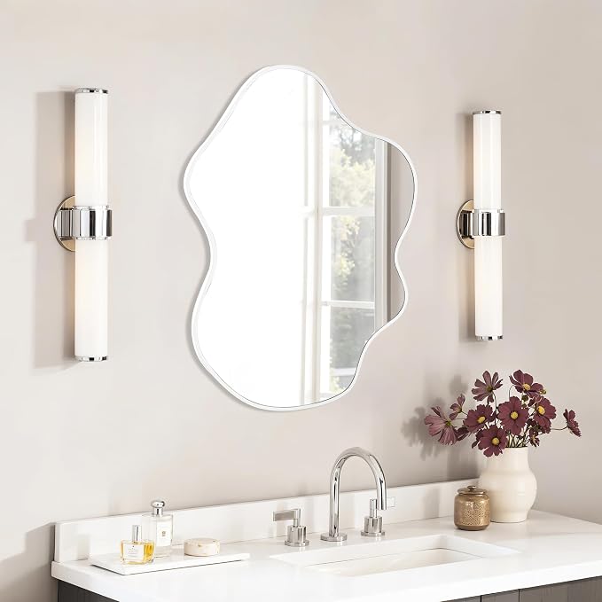 Tanmicoshomy White Irregular Wall Mirror 24x36 Inch, Cloud Shaped Frame Asymmetrical Wavy Mirror with Tempered Glass for Bathroom Bedroom Living Room or Entryway