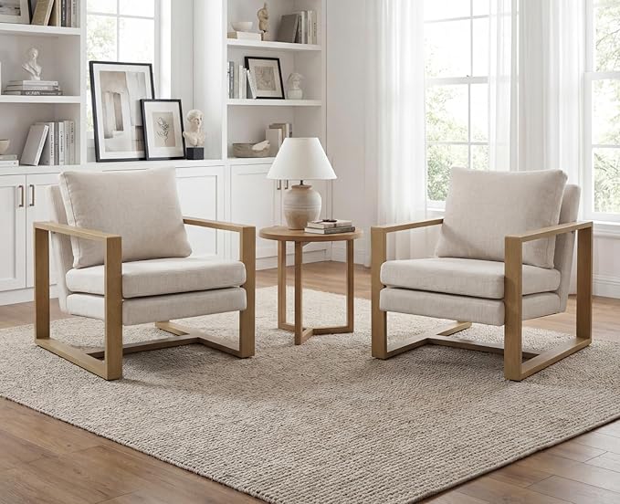 CIMOTA Modern Mid Century Accent Chairs Set of 2 Comfy Armchairs with Armrests Upholstered Reading Lounge Chairs with Metal Frame for Living Room Bedroom Office, Natural Wood Finish Beige