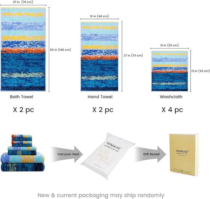 SEMAXE Bath Towel Set of 8 Include 2 Bath Towels, 2 Hand Towels, 4 Washcloths, 100% Cotton Bathroom Towels with Hanging Loops and Nano-Bio Lifecycle Labels,Colorful Towel - The Starry Night Collection
